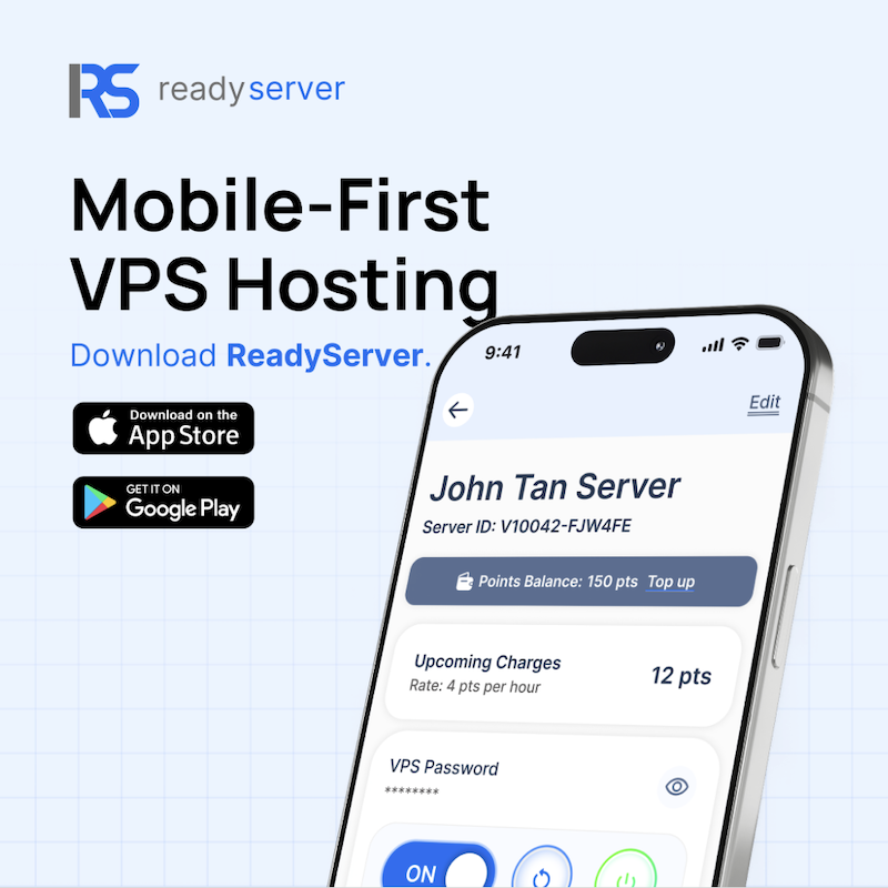 ReadyServer — Mobile-First VPS Hosting. Download on App Store and Google Play.